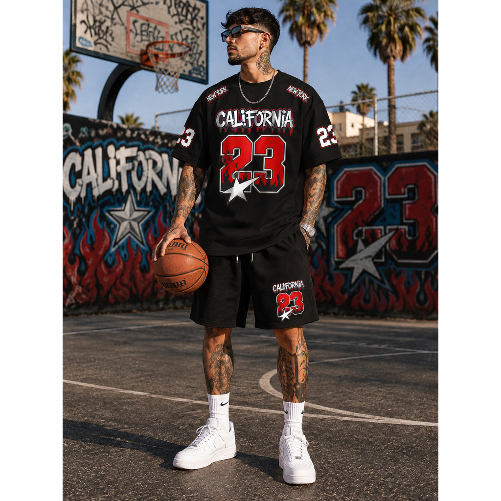 Conjunto Masculino Camiseta Oversized e Bermuda Tactel Estampado Streetwear Basquete Californi 23