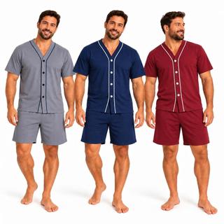 Pijama Masculino Meia Manga Pijama Americano Roupa de Dormir Pijama de Botões
