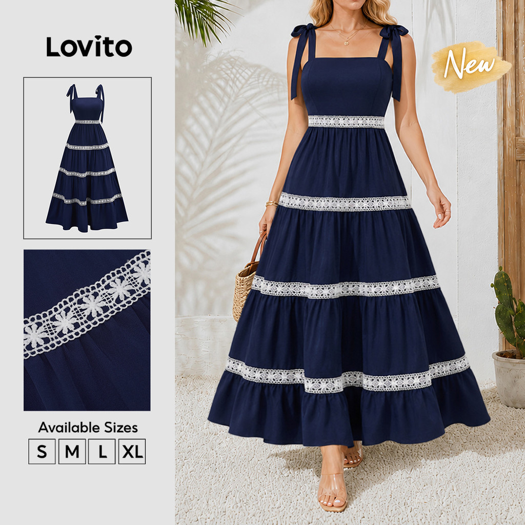 (New Arrival) Lovito Vestido Boho Feminino Longo Em a Com Zíper E Amarração Casual Primavera/Verão Fim De Semana/Férias DRB39BR108