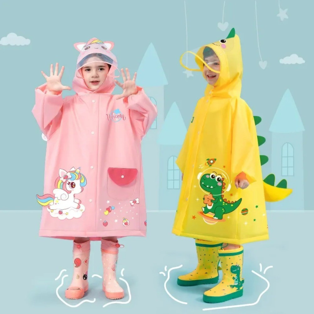 Poncho de chuva infantil, impermeável, com estampa de dinossauro e unicórnio, com compartimento para mochila e capuz, id