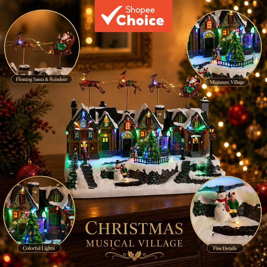 Caixa de música de Natal LED Vila Cenário de neve com Papai Noel, rena e trenó Luminária de mesa Presente de Natal 39 cm