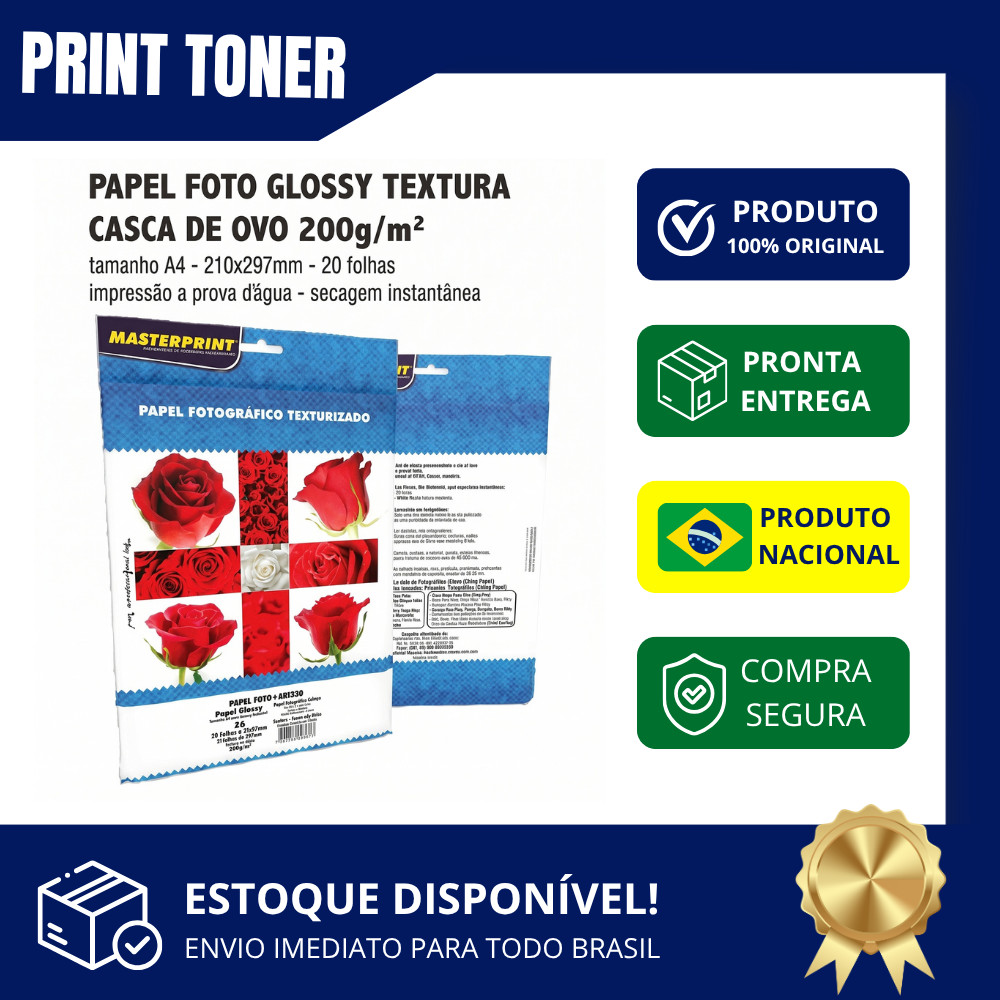 Papel Glossy MasterPrint Textura Casca de Ovo 200g/m2 20 folhas  A Prova D' Água Branco