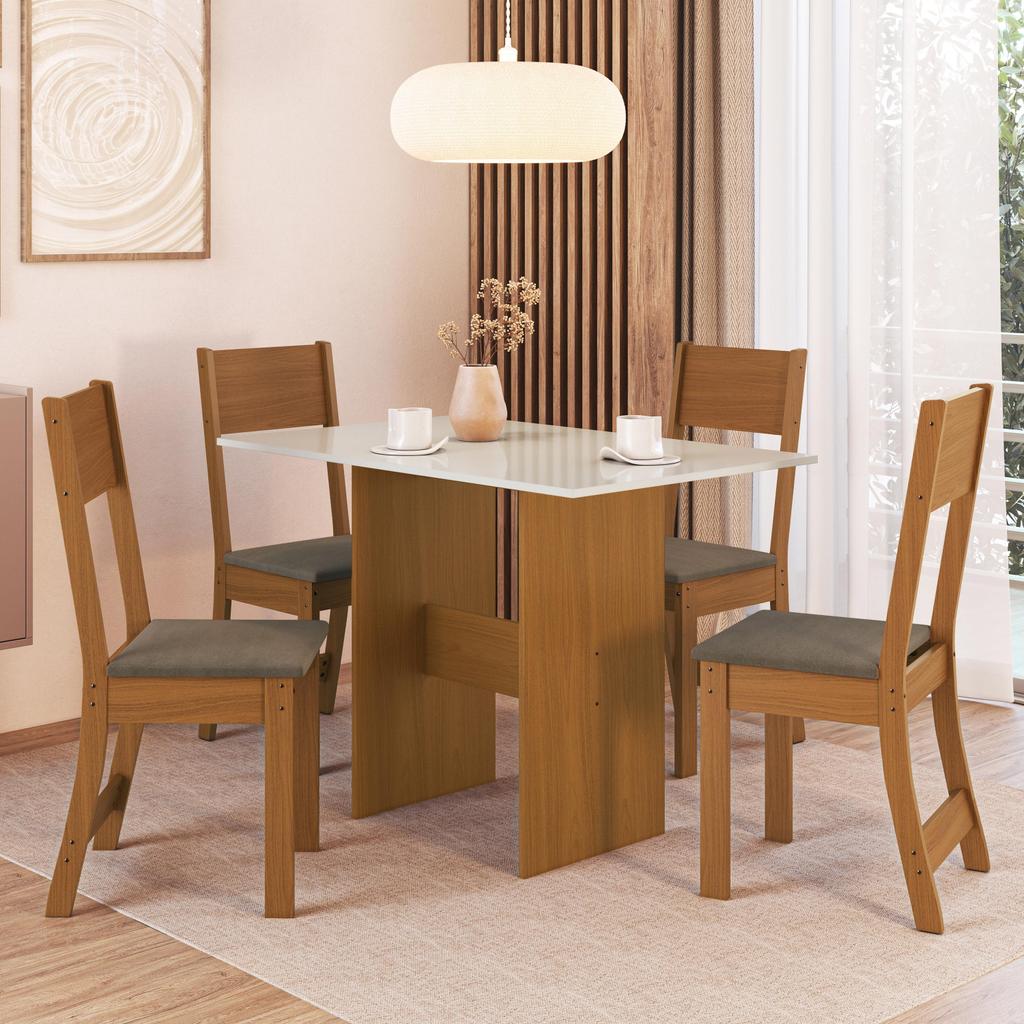 Conjunto Sala de Jantar Mesa Tampo de Madeira Fidelitá Siena Com 4 Cadeiras Freijó/Off-White/Cacau