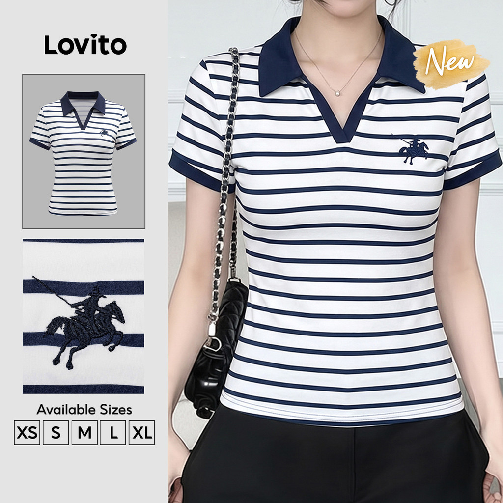 Lovito Camiseta Feminina Azul e Branco Listrada Gola V Manga Curta Estampa Bordada e Acabamento Contrastante TSB206TD170