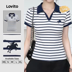Lovito Camiseta Feminina Azul e Branco Listrada Gola V Manga Curta Estampa Bordada e Acabamento Contrastante TSB206TD170