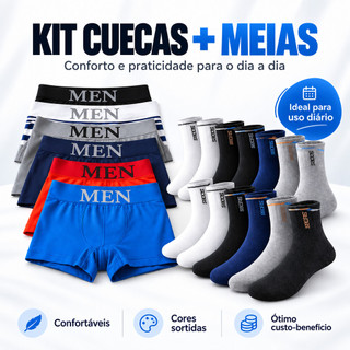 Kit 10 Cuecas Boxer + 6 Meias ou Kit 6 Cuecas Boxer + 6 Meias Sport