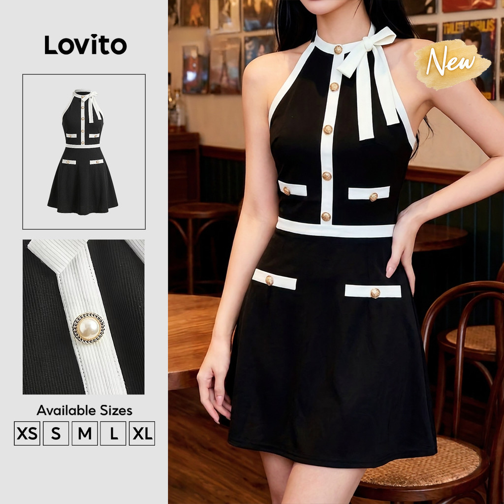 (New Arrival) Lovito Vestido Preto Feminino Curto evasê Com pérolas amarração E Acabamento Contrastante Para Trabalho DRK10P1D1058