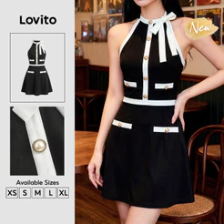 (New Arrival) Lovito Vestido Preto Feminino Curto evasê Com pérolas amarração E Acabamento Contrastante Para Trabalho DRK10P1D1058