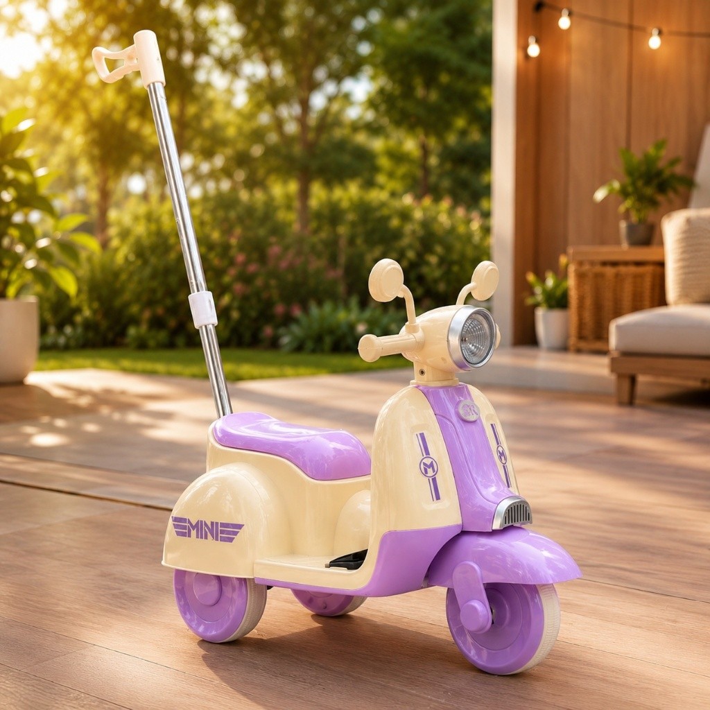 Moto Eletrica Infantil Lilas com Empurrador Facil Controle Diversao Segura