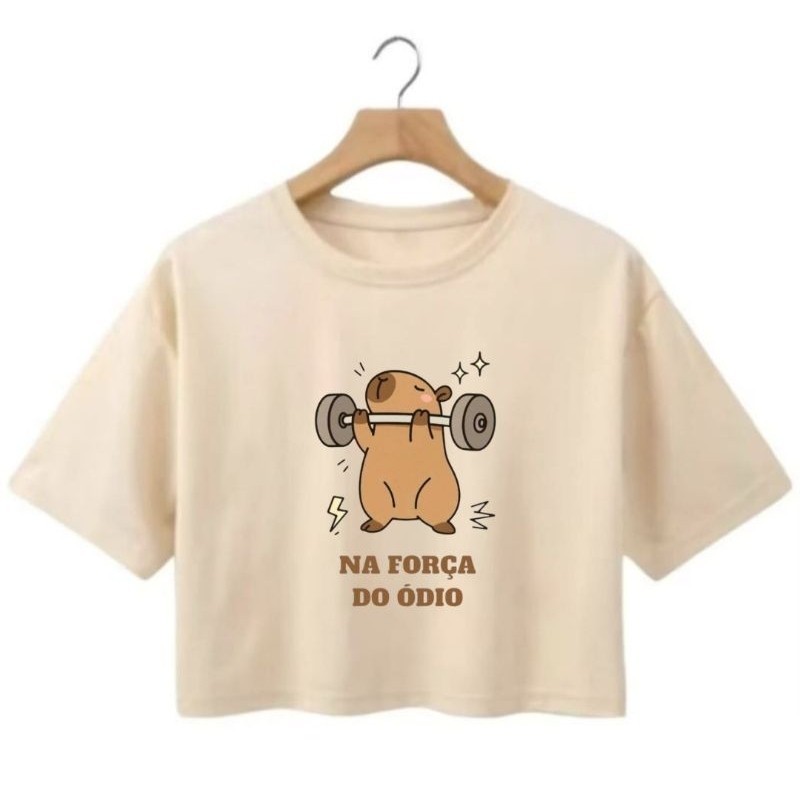 top Cropped Feminino Algodão Estampado Capivara Academia Manga Curta Confortável