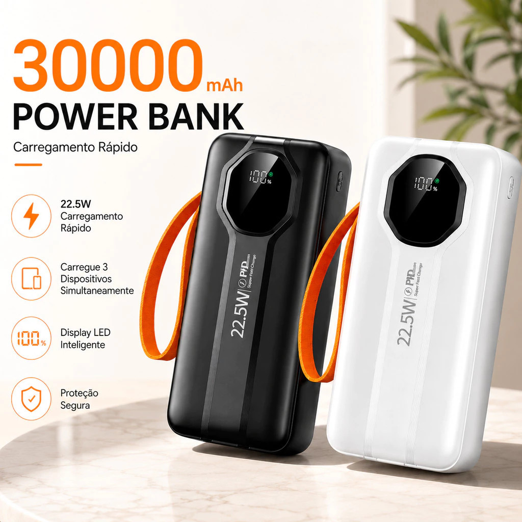 Carregador Power Bank 30000mah Super Rápido Portátil 22,5w