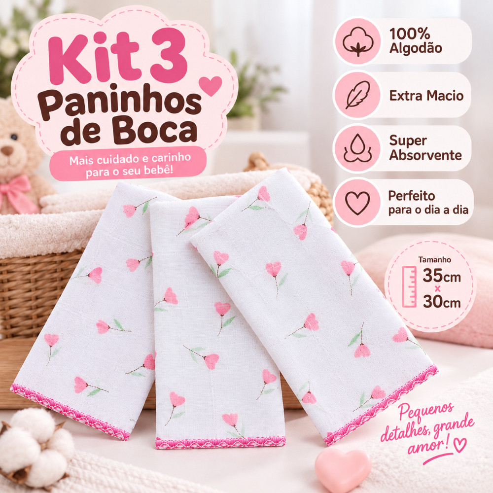 Kit 3 Paninho de Boca Fraldinha Enxoval Maternidade Macio 100% Algodão