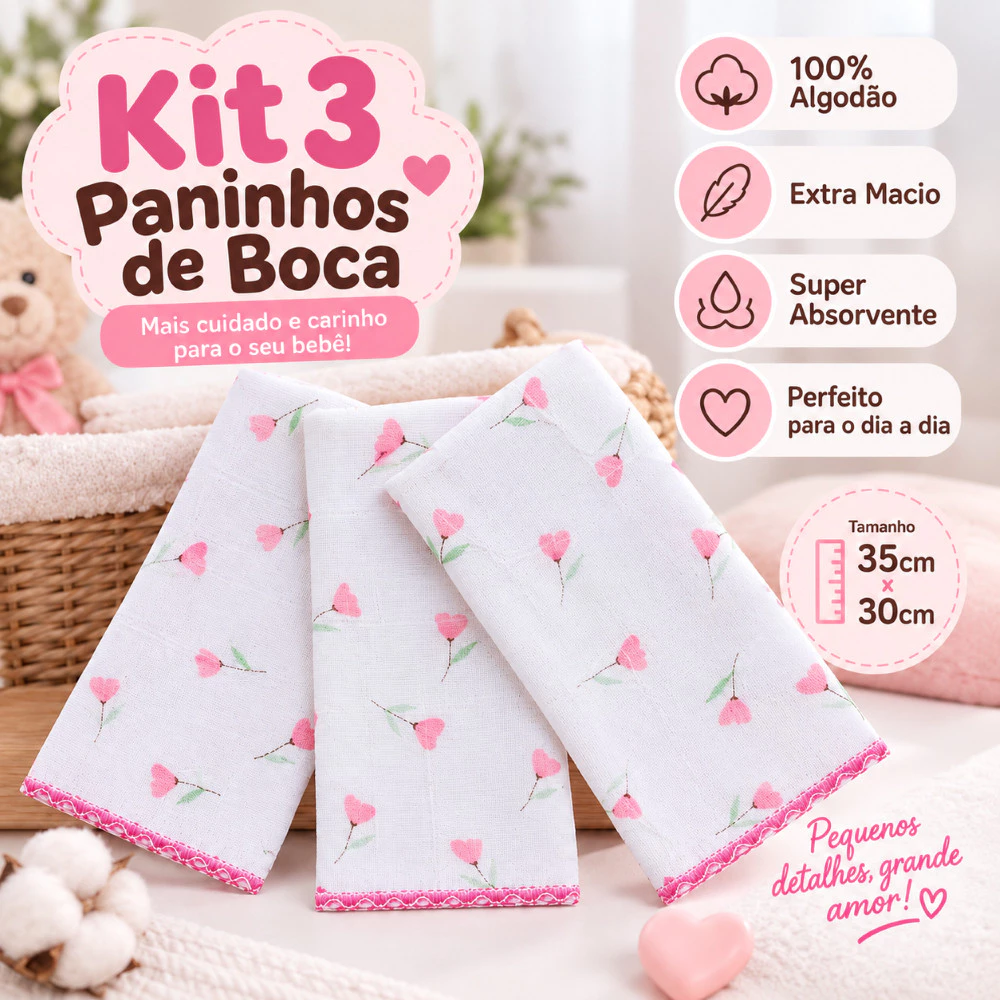 Kit 3 Paninho de Boca Fraldinha Enxoval Maternidade Macio 100% Algodão