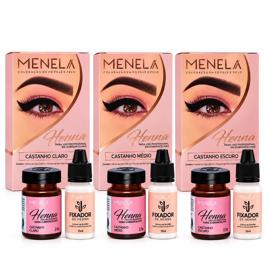 Kit 3 Henna Para Sobrancelhas Menela Castanho Claro Médio Escuro