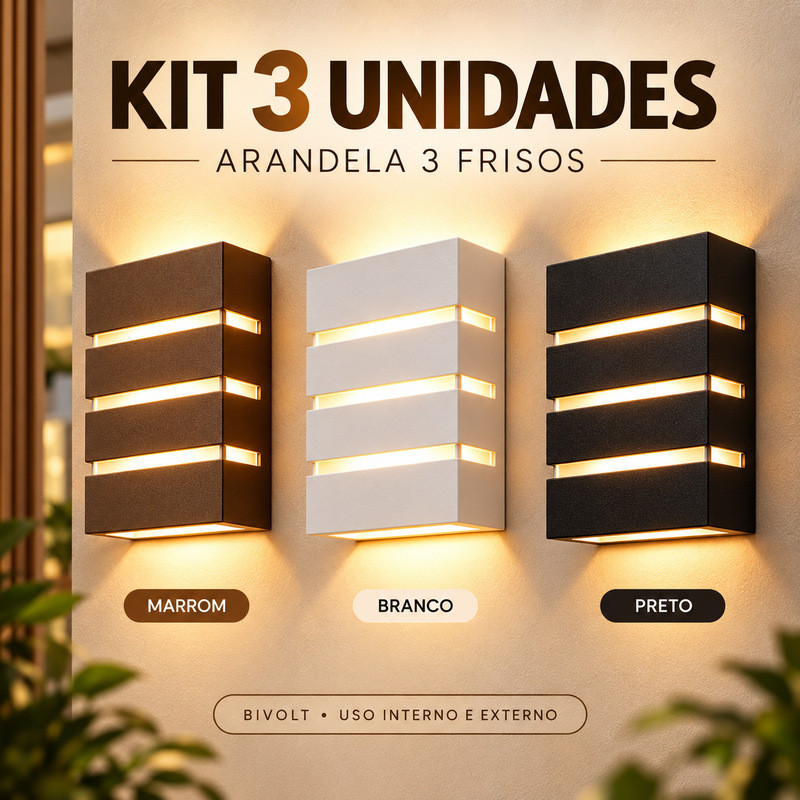 Kit 3 Arandela de Parede Luminária Slim 3 Frisos Decoração Uso Interno e Externo Ideal P/ Sítios Piscinas Paredes