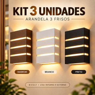 Kit 3 Arandela de Parede Luminária Slim 3 Frisos Decoração Uso Interno e Externo Ideal P/ Sítios Piscinas Paredes