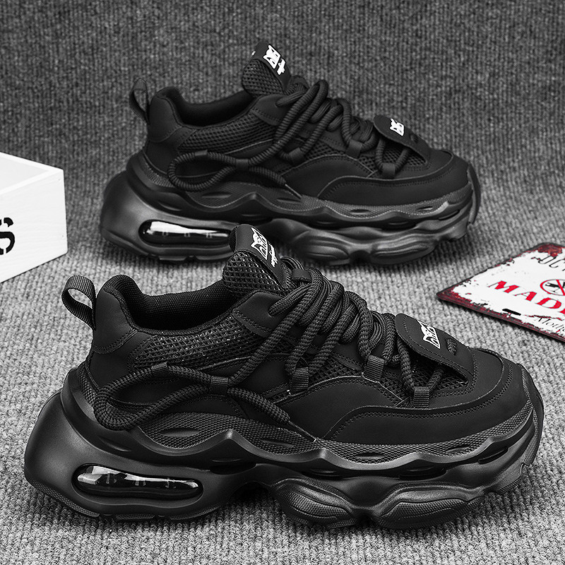 Outono respirável sapatos masculinos Street Wear adolescente malha esportes lazer correndo aumentando puro preto sola ma