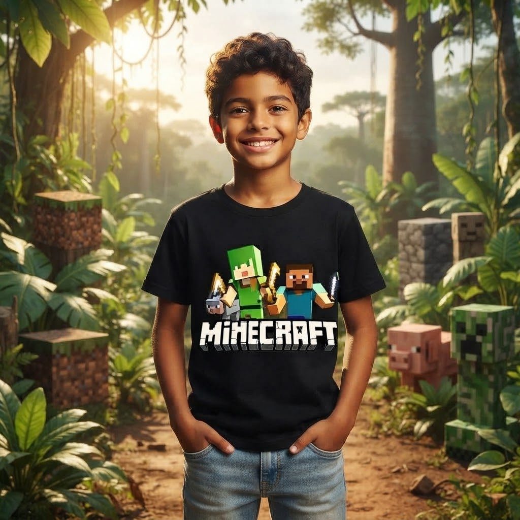 Camiseta Infantil Blusa Gamer Blocos Personagens Algodão Confortável Estampa Exclusiva Dia a Dia Presente