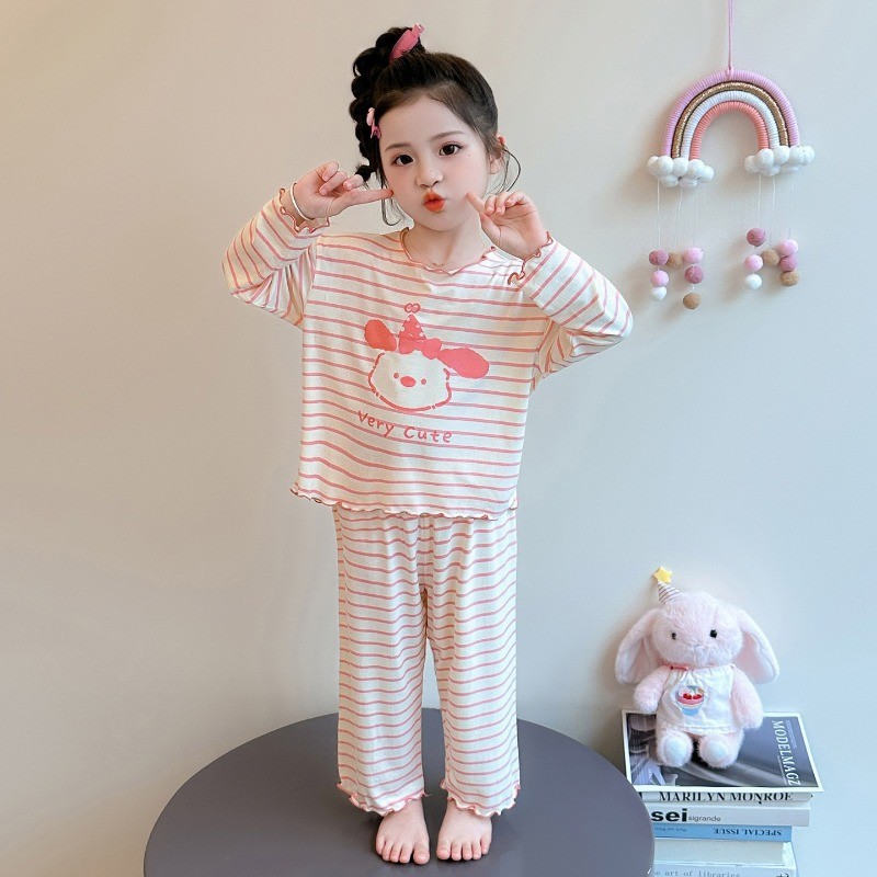 (3-12 Anos) Crianças Primavera Outono Polka Dot Pijama Conjunto Manga Longa Impressão Dos Desenhos Animados Respirável L