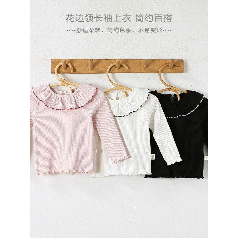Feminino bebê manga comprida camiseta primavera outono bebê criança topo puro algodão a-Class renda contraste cor colari