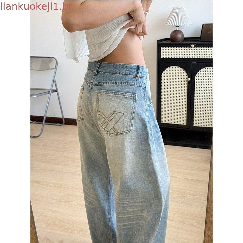 2026 Calças Bordadas Cintura Alta Perna Larga Jeans Mulheres Pequenas Calças Retas Soltas Calças Azul