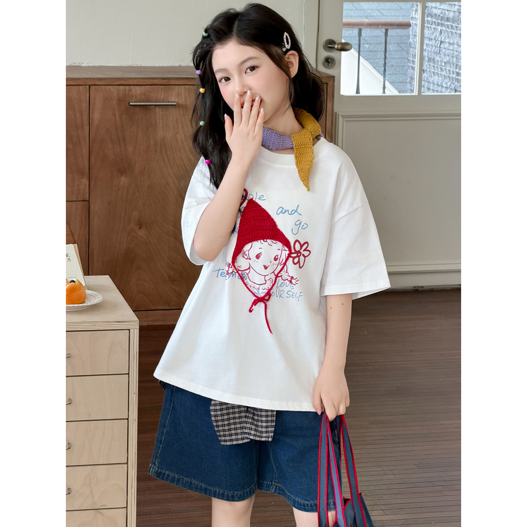 Meninas de manga curta camiseta verão crianças dos desenhos animados impresso topo Casual estilo coreano meninas All-Mat