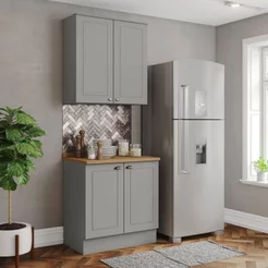 Cozinha Compacta 2 Peças 100% MDF com Tampo Cinza/Nature Americana Cinza/Nature