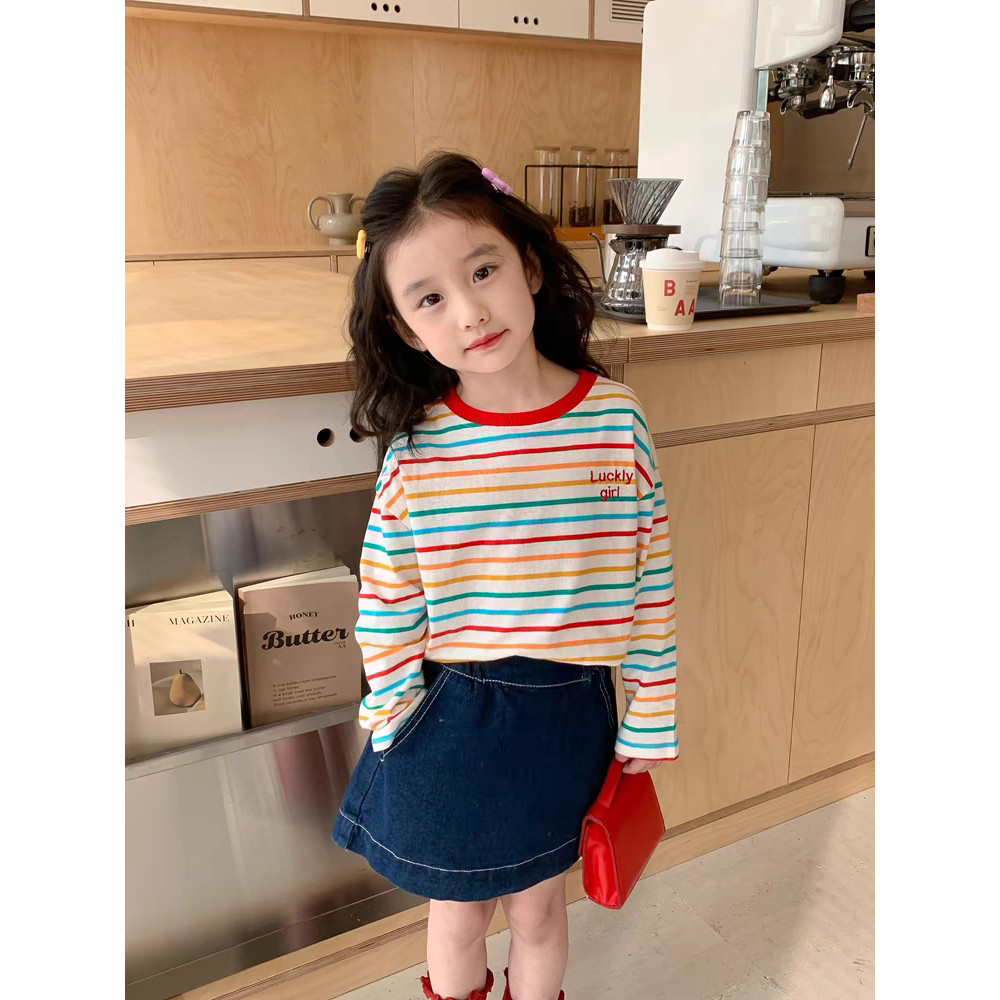 Meninas listrado manga comprida camiseta primavera outono roupas 2025 novo estilo pequeno médio crianças bebê moda quent
