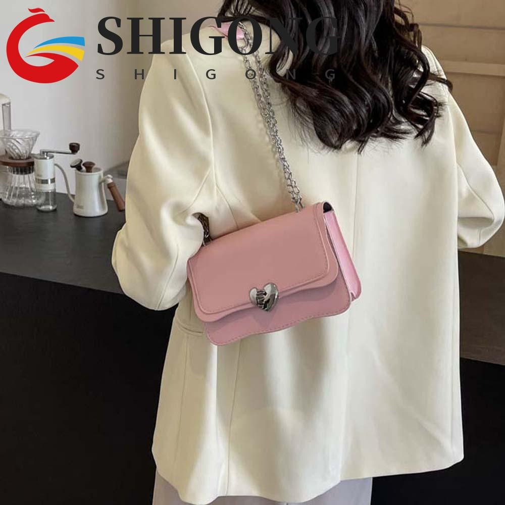 Bolsa De Corrente De Textura SHIGONG , Crossbody De PU De Grande Capacidade Com Fivela , Decoração De Liga De Coração
