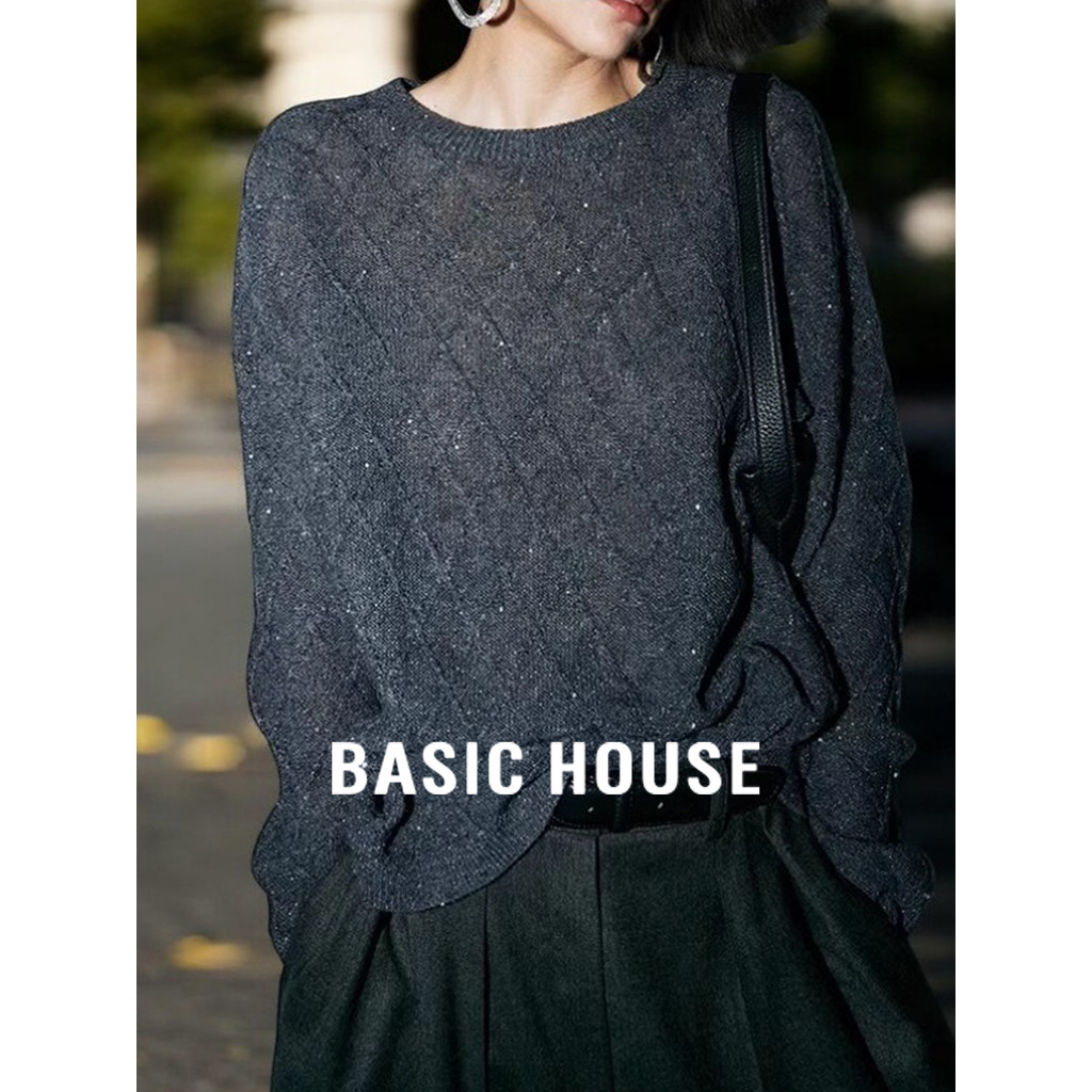 Casa básica/casa básica 100% lã cinza malha camisa de fundo feminina outono seda brilhante em torno do pescoço camisola