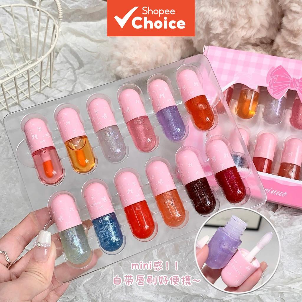 Conjunto Mini Cápsula de 12 Gloss Labiais, Óleo Labial Hidratante e Brilhante, Brilho com Glitter, Presente