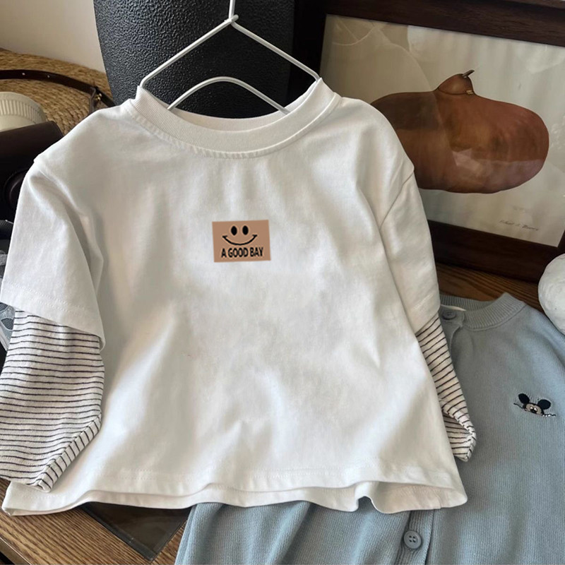 Algodão puro meninos listrado em torno do pescoço de manga comprida camiseta 2026 primavera outono novo estilo crianças 