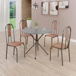 Conjunto Sala de Jantar Mesa Redonda 70cm Tampo Granito Topázio 4 Cadeiras Linda Yescasa Prata/Marrom Marrom/Prata