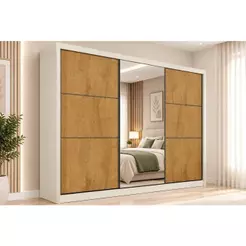 Guarda Roupa Casal Bragança 3 Portas de Coorer (1 c/ Espelho) e 6 Gavetas Off White/Peroba - Europa