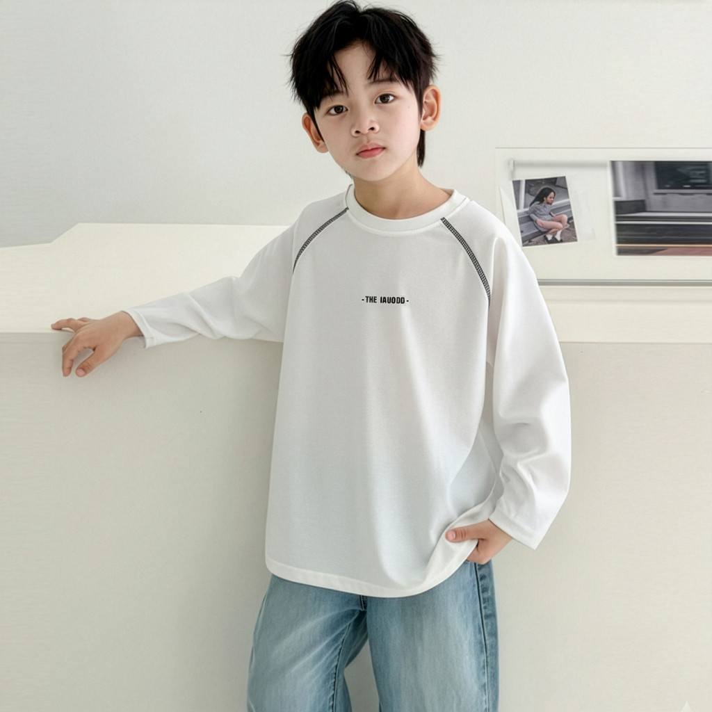 Crianças estilo Casual camiseta de manga comprida 2026 novo estilo grande menino moda versão coreana topo menino bonito 