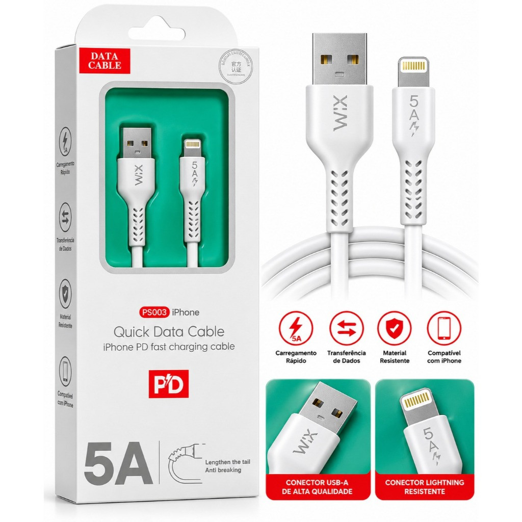 Cabo Carregador Turbo 5A para iPhone Lightning Reforçado Resistente USB