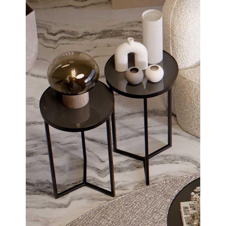 Conjunto Mesa Canto Apoio Lateral Metal Preto com Tampo de Vidro Preto Decoraçao Sala Halls de entreda