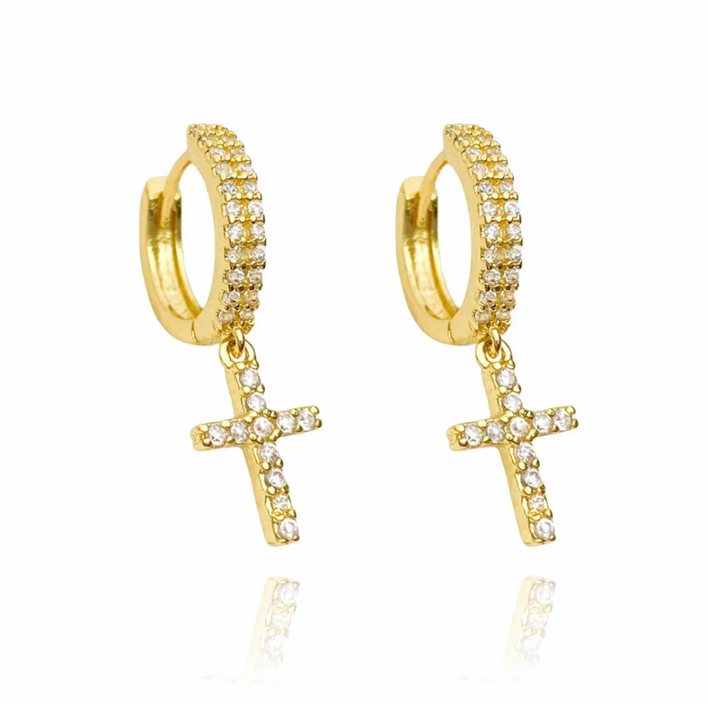 Brinco Dourado Masculino com Crucifixo de Ouro 18k Argola com Zircônia Banhada a Ouro
