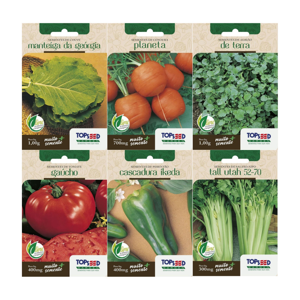 Kit 6 Sementes Hortaliças | Couve Manteiga, Cenoura Planeta, Agrião de Terra, Tomate Gaúcho, Pimentão Verde e Aipo