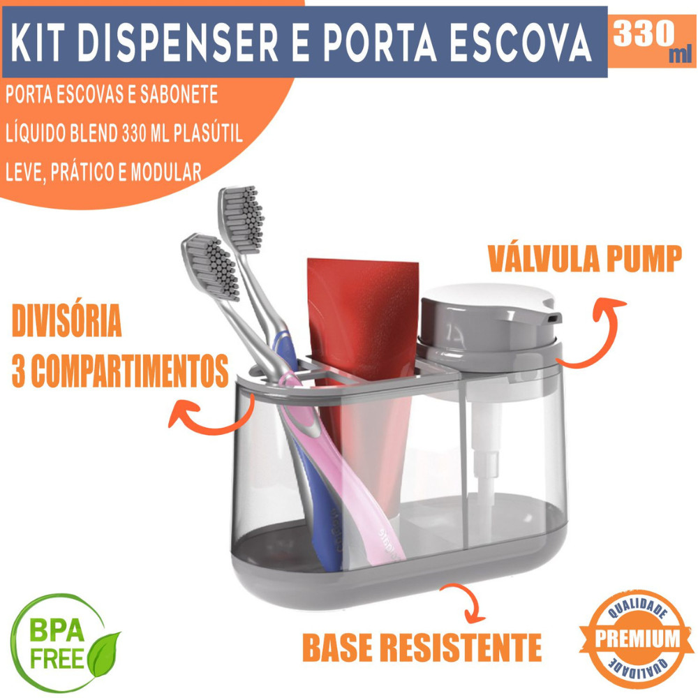 Conjunto Dispenser Sabonete Liquido E Porta Escova 2 Peças Luxo Para Banheiro Lavabo Plasutil