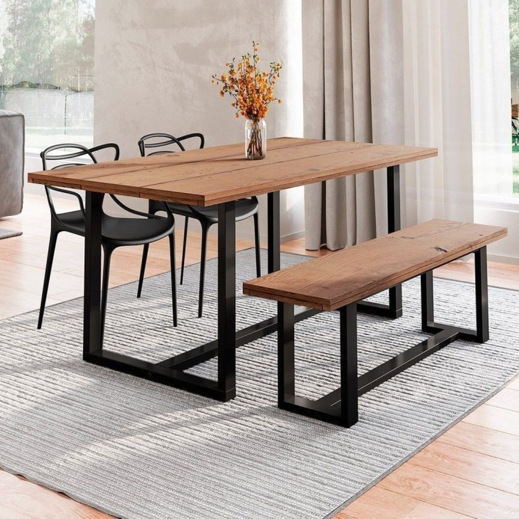 Conjunto Mesa de Jantar Rústica e Banco de Madeira Maciça com 2 Cadeiras Allegra Preto/Marrom