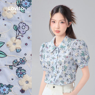 (Lovito Refine) Blusa Casual Flores Primavera/verão Blusa Azul para Mulheres LR21A058 em Oferta na Shopee