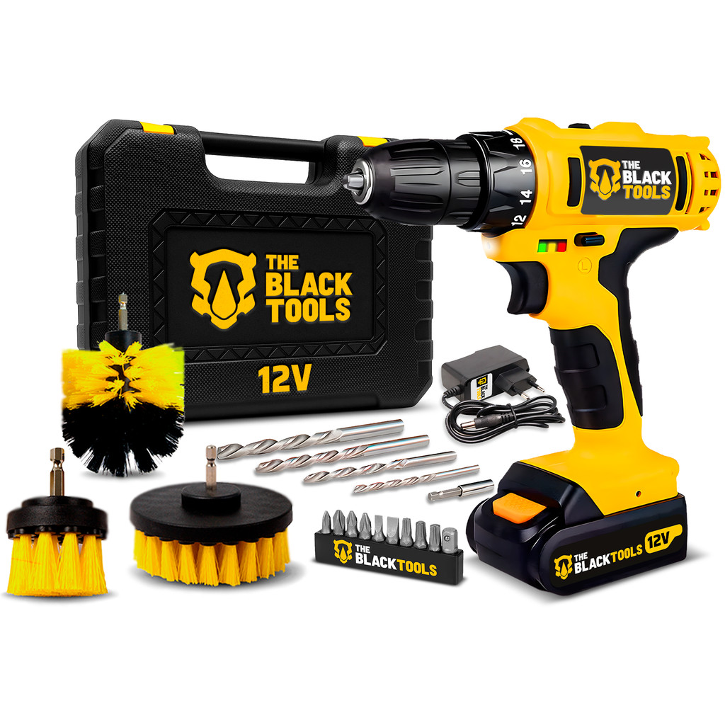 Parafusadeira 12v Bateria Bivolt The Black Tools + Kit Limpeza Multiuso em Oferta na Shopee