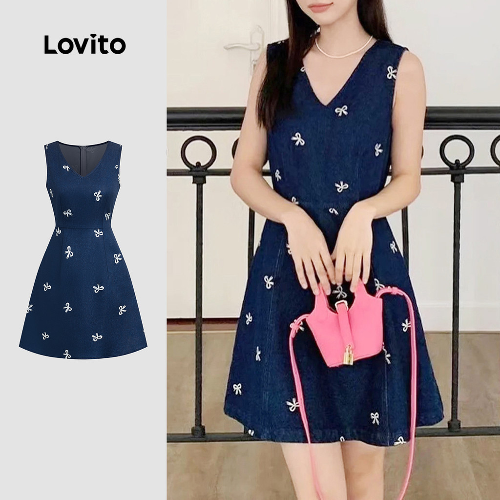 Lovito Vestido Fofo Primavera/verão Vestido Azul Escuro para Mulheres L156AD107 em Oferta na Shopee