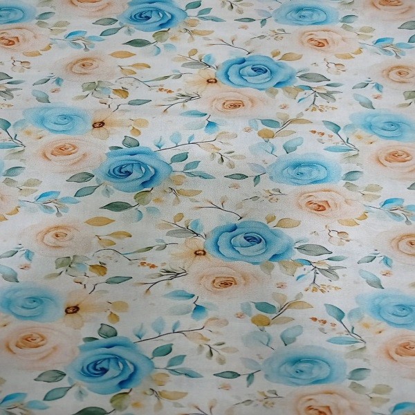 Tecido Tricoline Digital Floral Azul Turquesa e Bege Fundo Branco