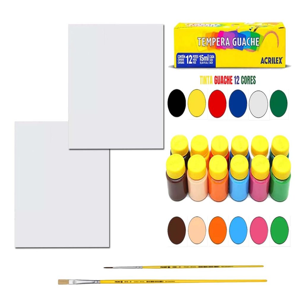 Kit 2 Telas 20x30cm + 2 Pinceis + Tinta Guache 12 Cores em Oferta na Shopee
