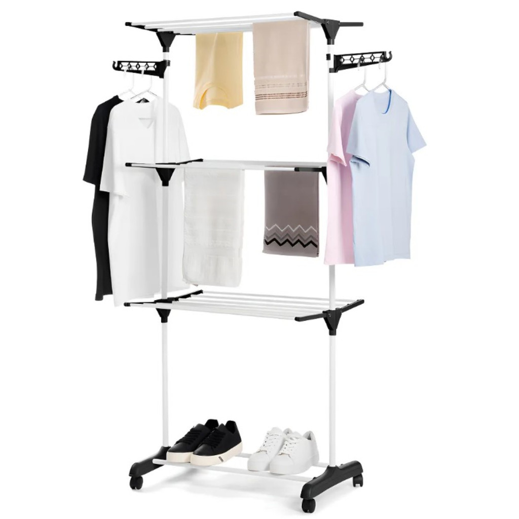 Varal De Chão 3 Andares Dobrável Retrátil Aço 4 Rodas Preto Multiuso Grande Roupas Vertical Compacto Fácil Montagem