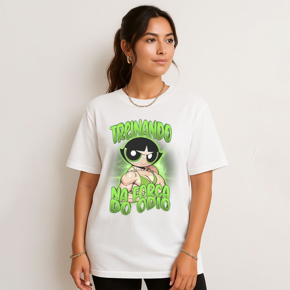 Camiseta Docinho 
Academia Oversized Roupas de Academia Look de Treino Super Poderosas Meme