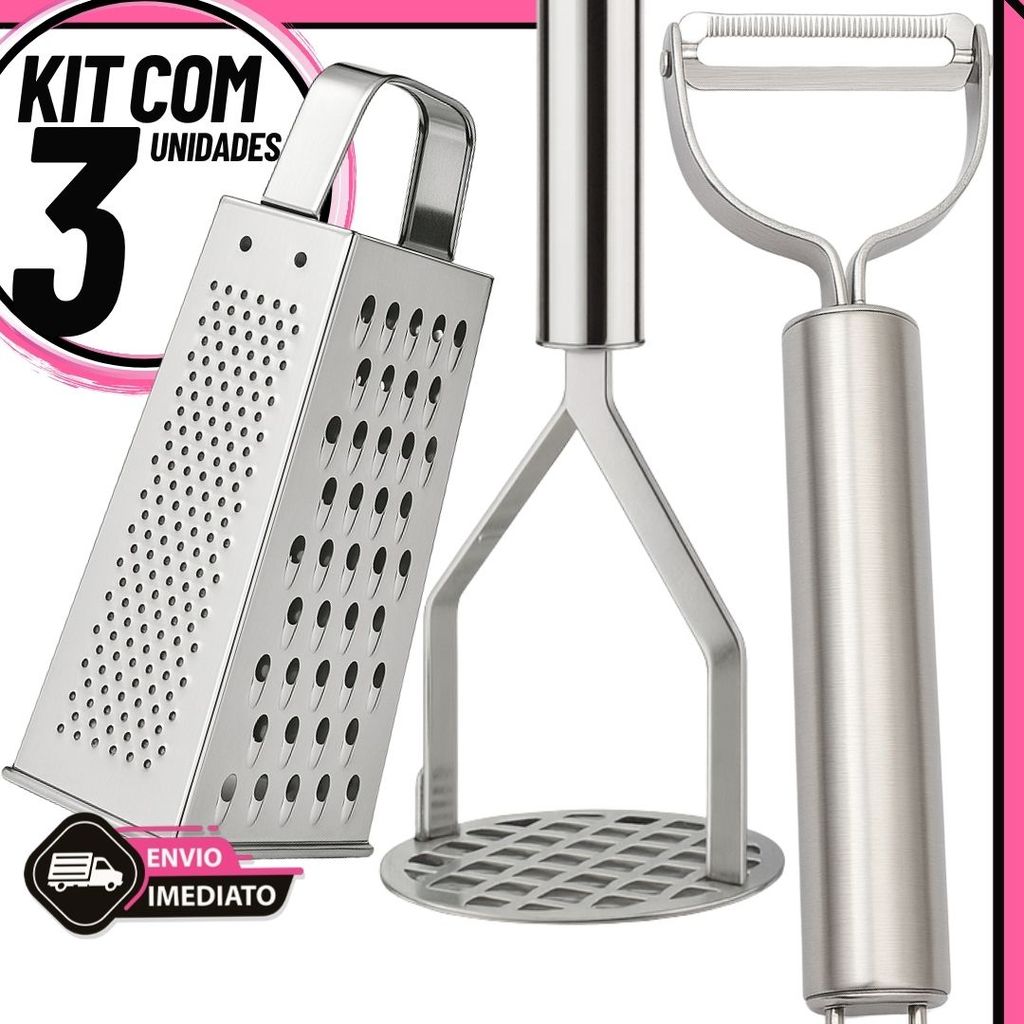 Kit 3 Utensílios de Cozinha Inox – Amassador de Batata + Descascador de Legumes + Ralador Multiuso em Oferta na Shopee