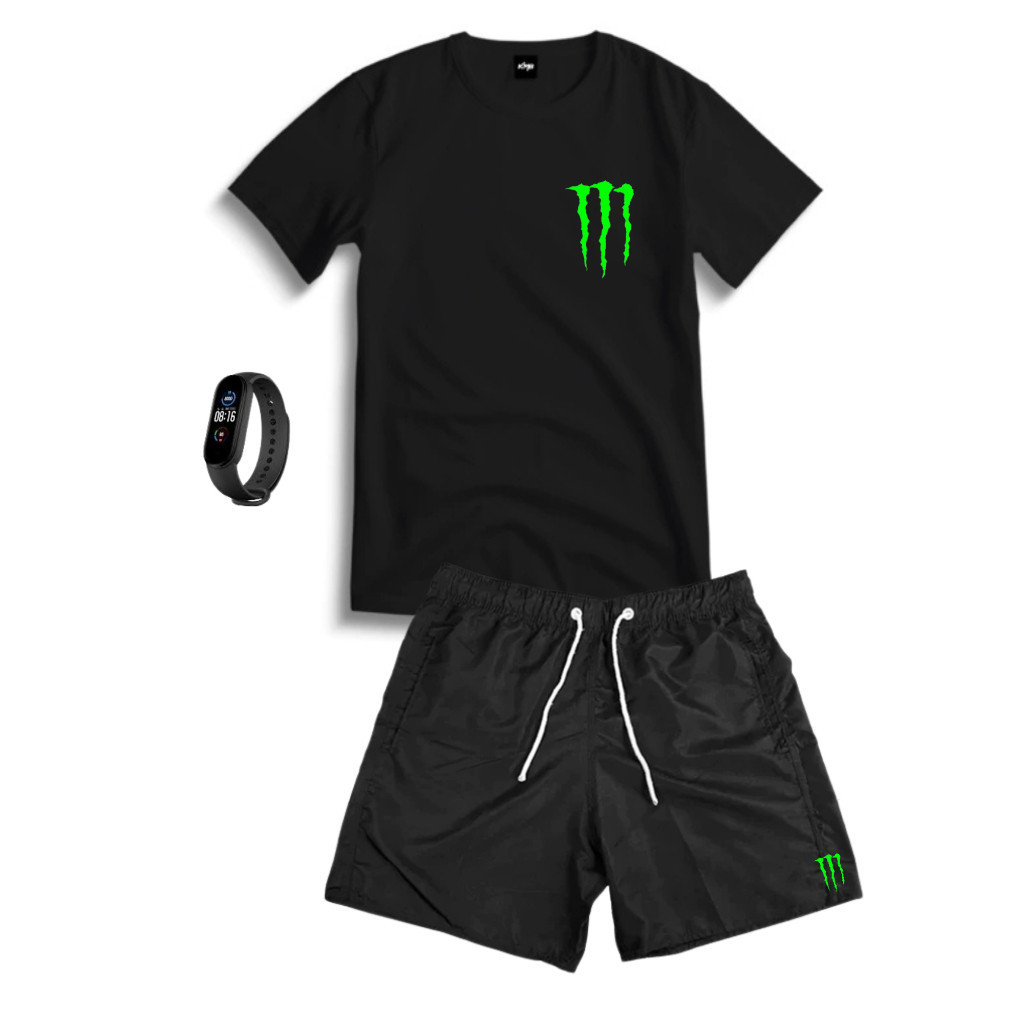 Conjunto Kit Masculino MOSTER Camisa 100% Algodão + Bermuda Tactel Estampada + Relogio Digital